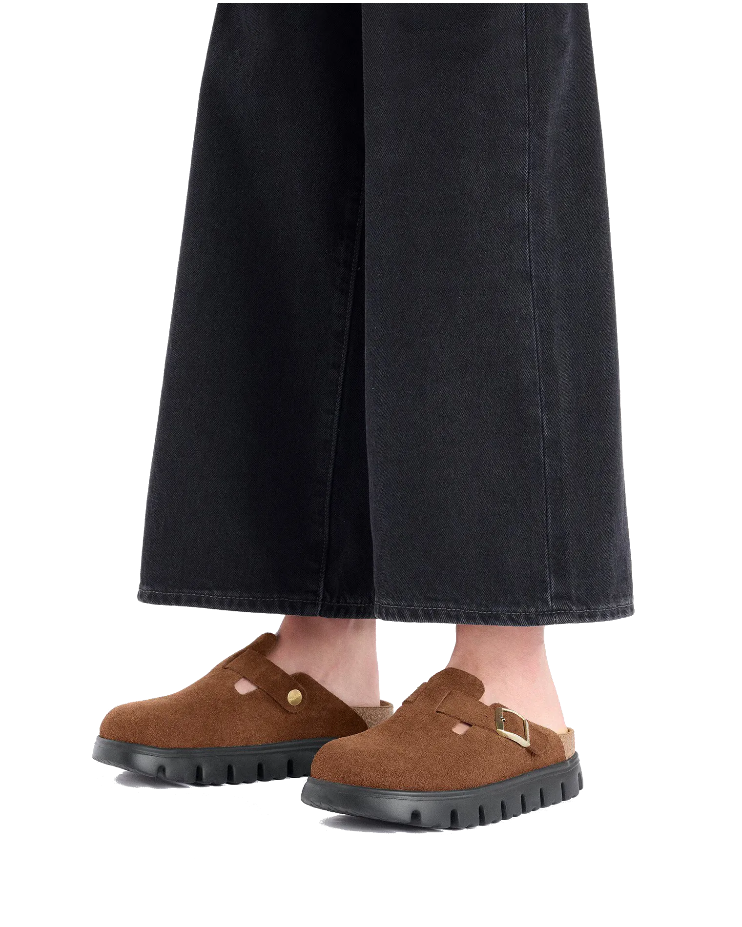Birkenstock Shoes Papillio Boston Chunky Suede Leather Sandals in Dark Tea & Black