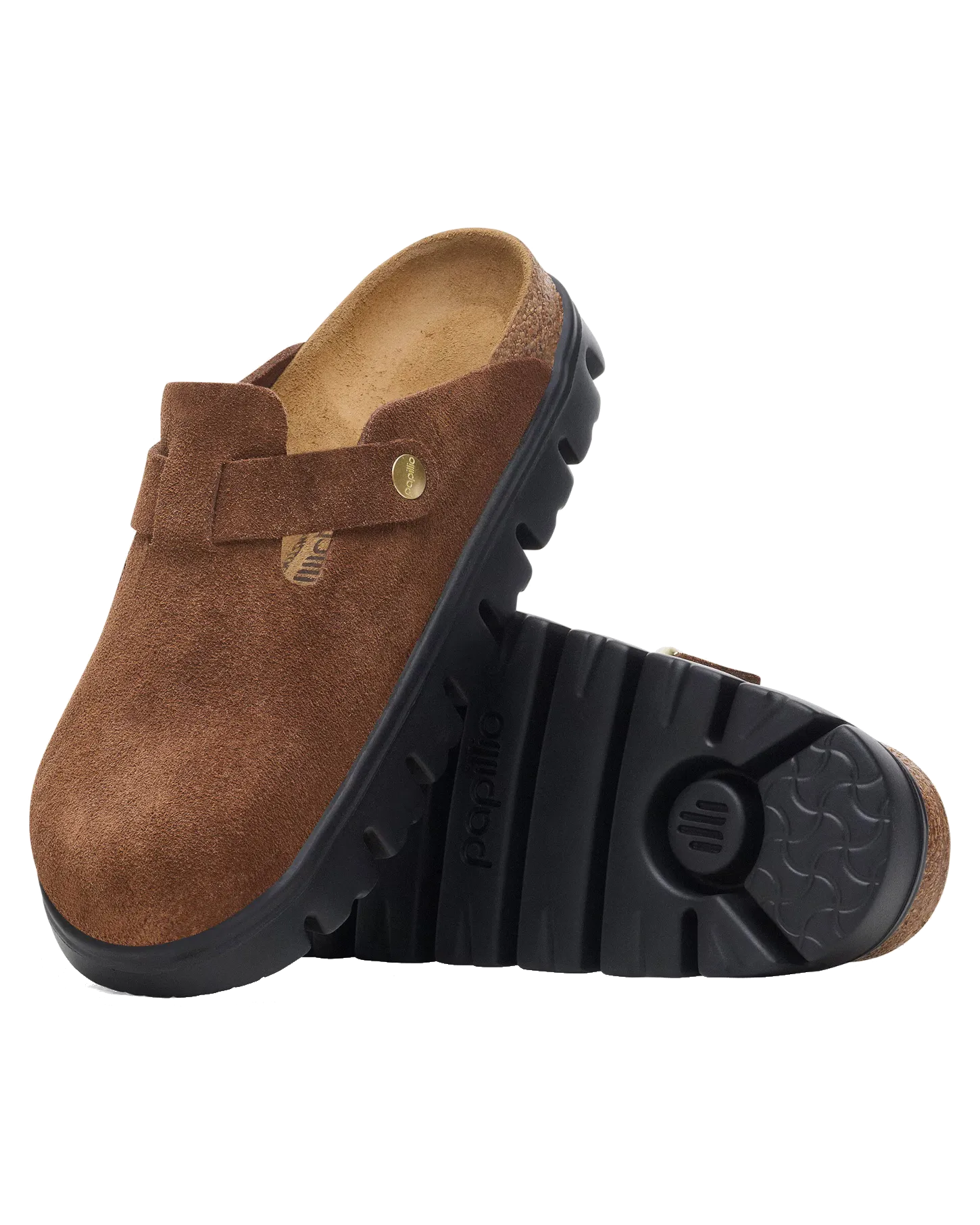 Birkenstock Shoes Papillio Boston Chunky Suede Leather Sandals in Dark Tea & Black