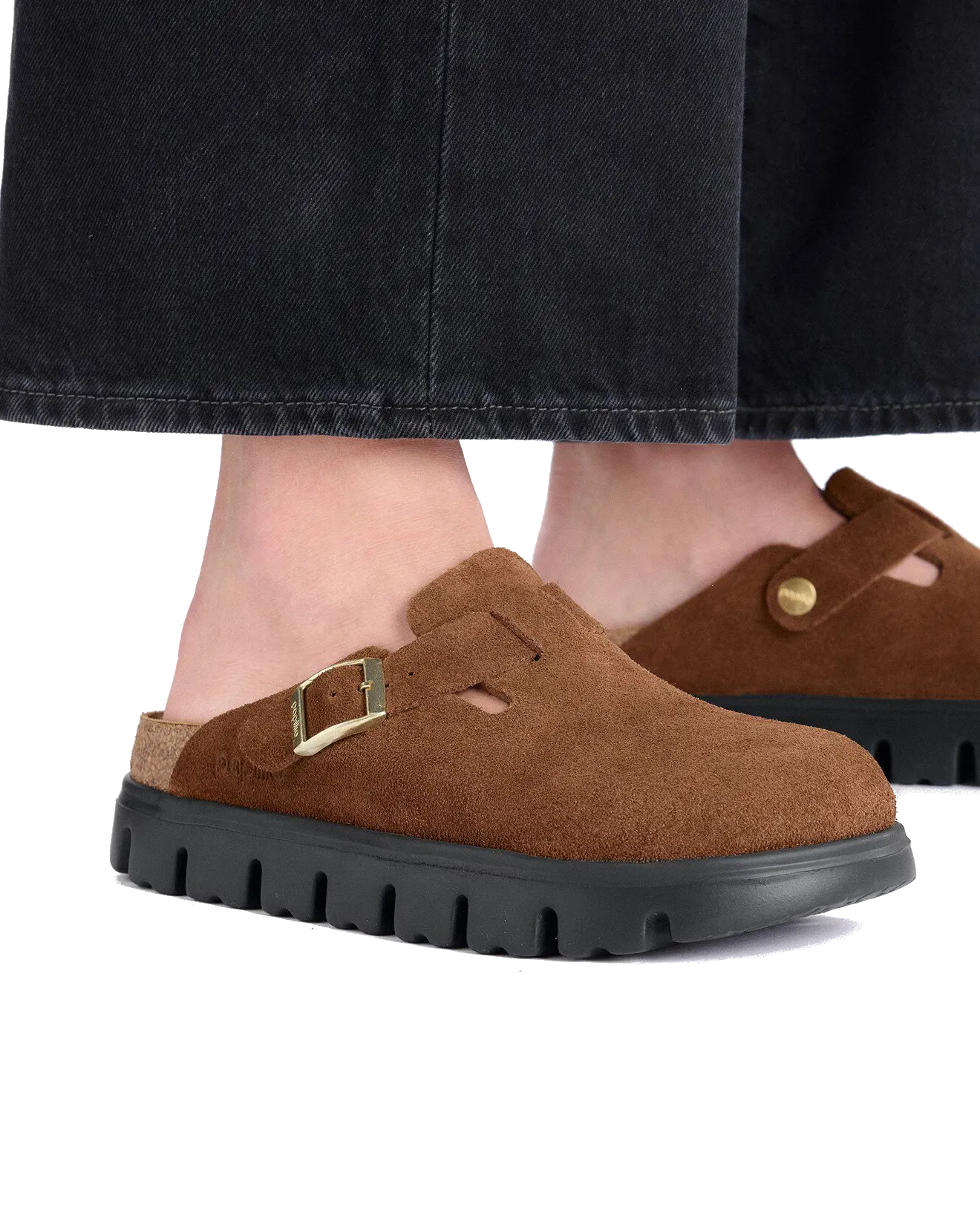 Birkenstock Shoes Papillio Boston Chunky Suede Leather Sandals in Dark Tea & Black