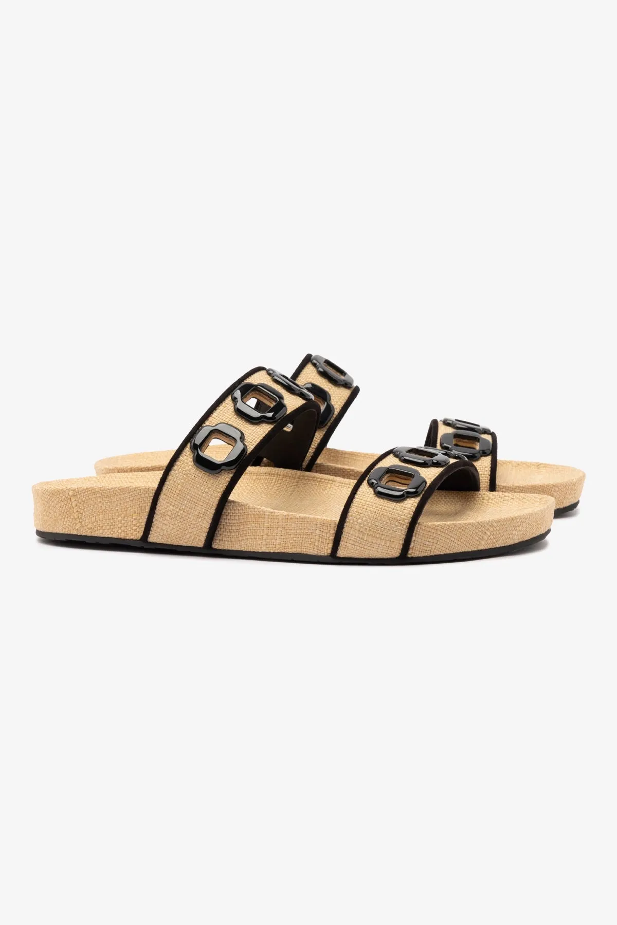 Milan Slide In Beige Raffia and Black Trimming