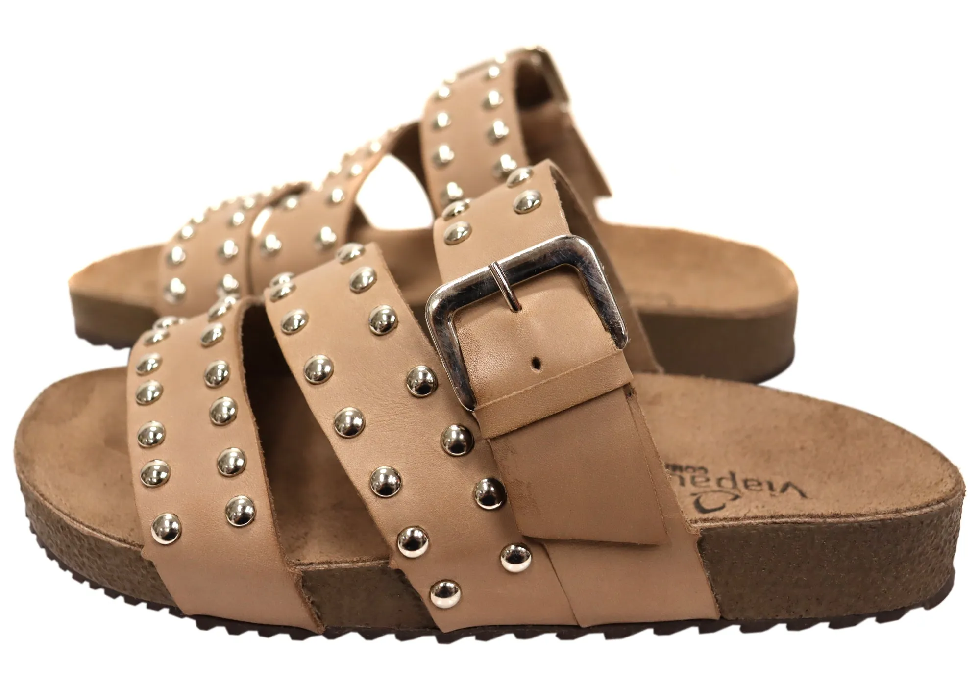 Via Paula Beth Womens Leather Comfort Slides Sandals Made in Brazil Via Paula Shoes
