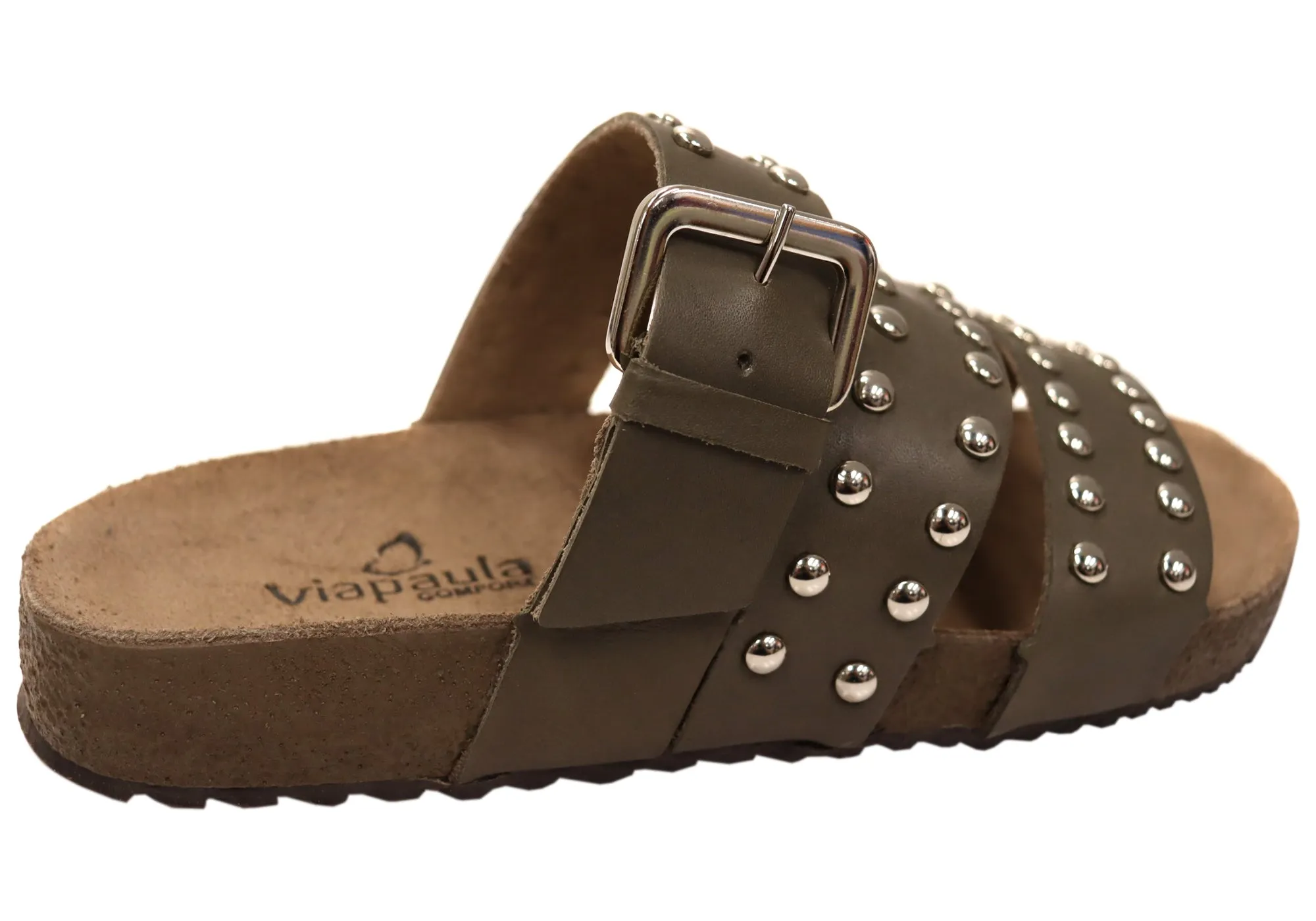 Via Paula Beth Womens Leather Comfort Slides Sandals Made in Brazil Via Paula Shoes