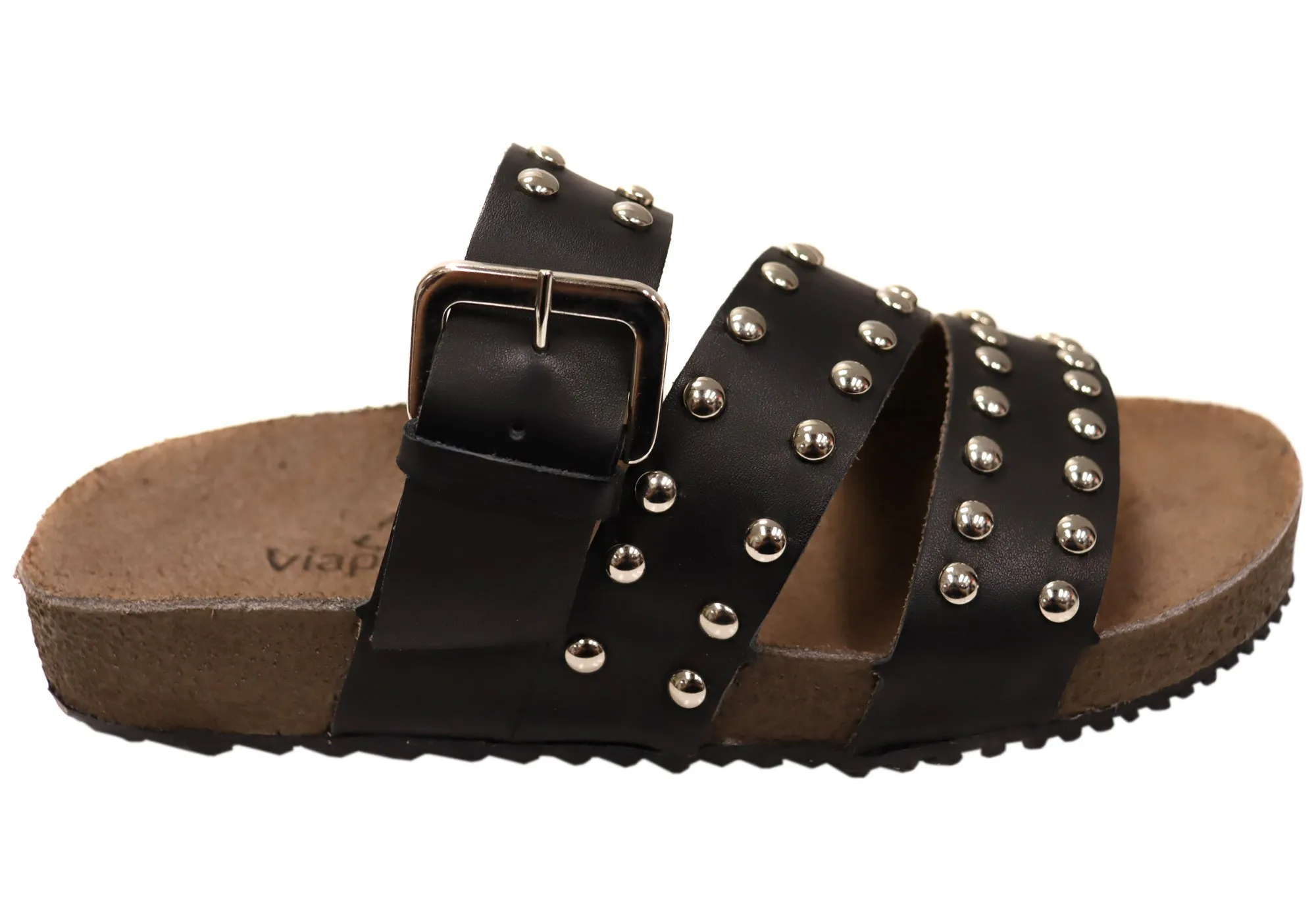 Via Paula Beth Womens Leather Comfort Slides Sandals Made in Brazil Via Paula Shoes