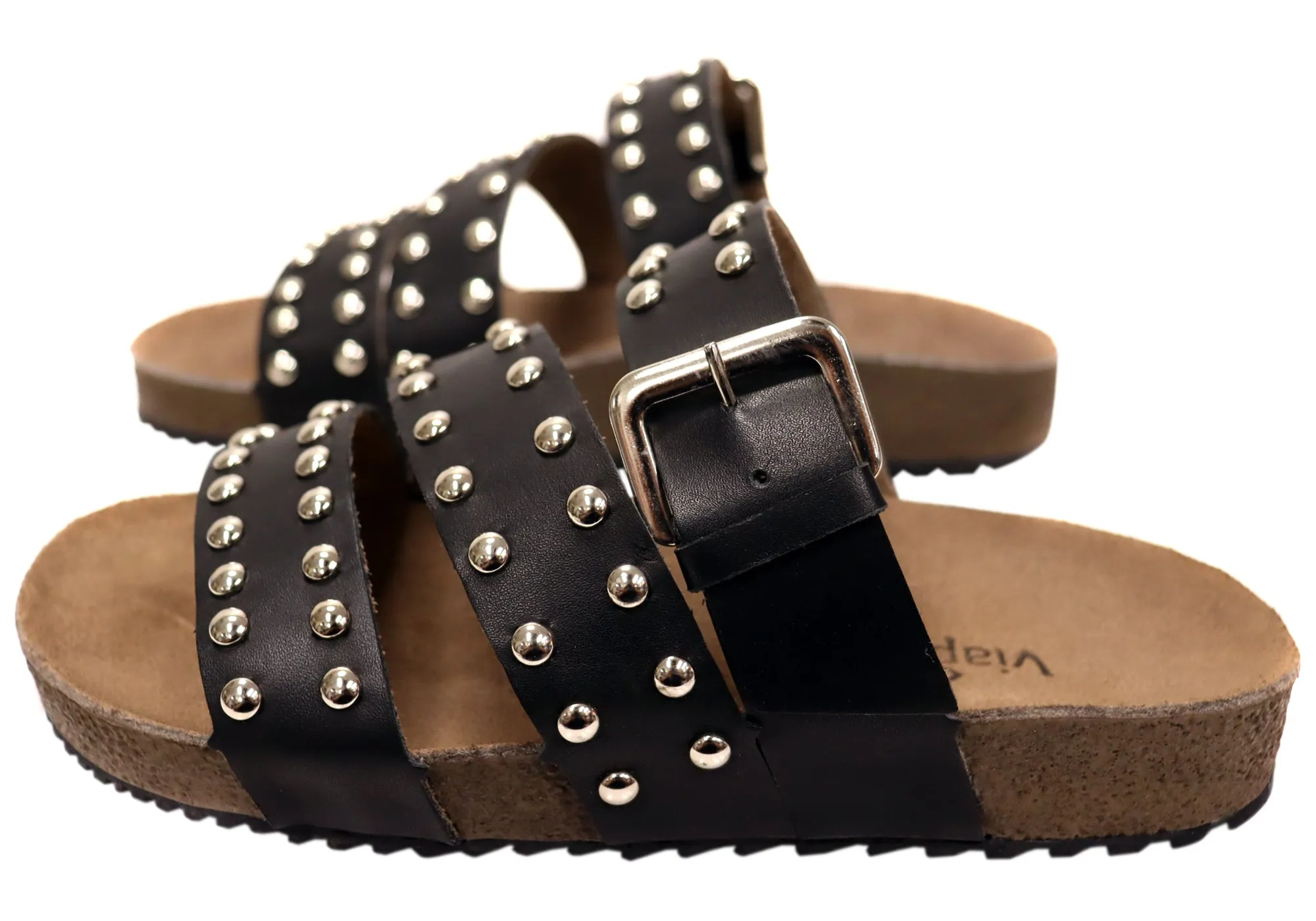 Via Paula Beth Womens Leather Comfort Slides Sandals Made in Brazil Via Paula Shoes