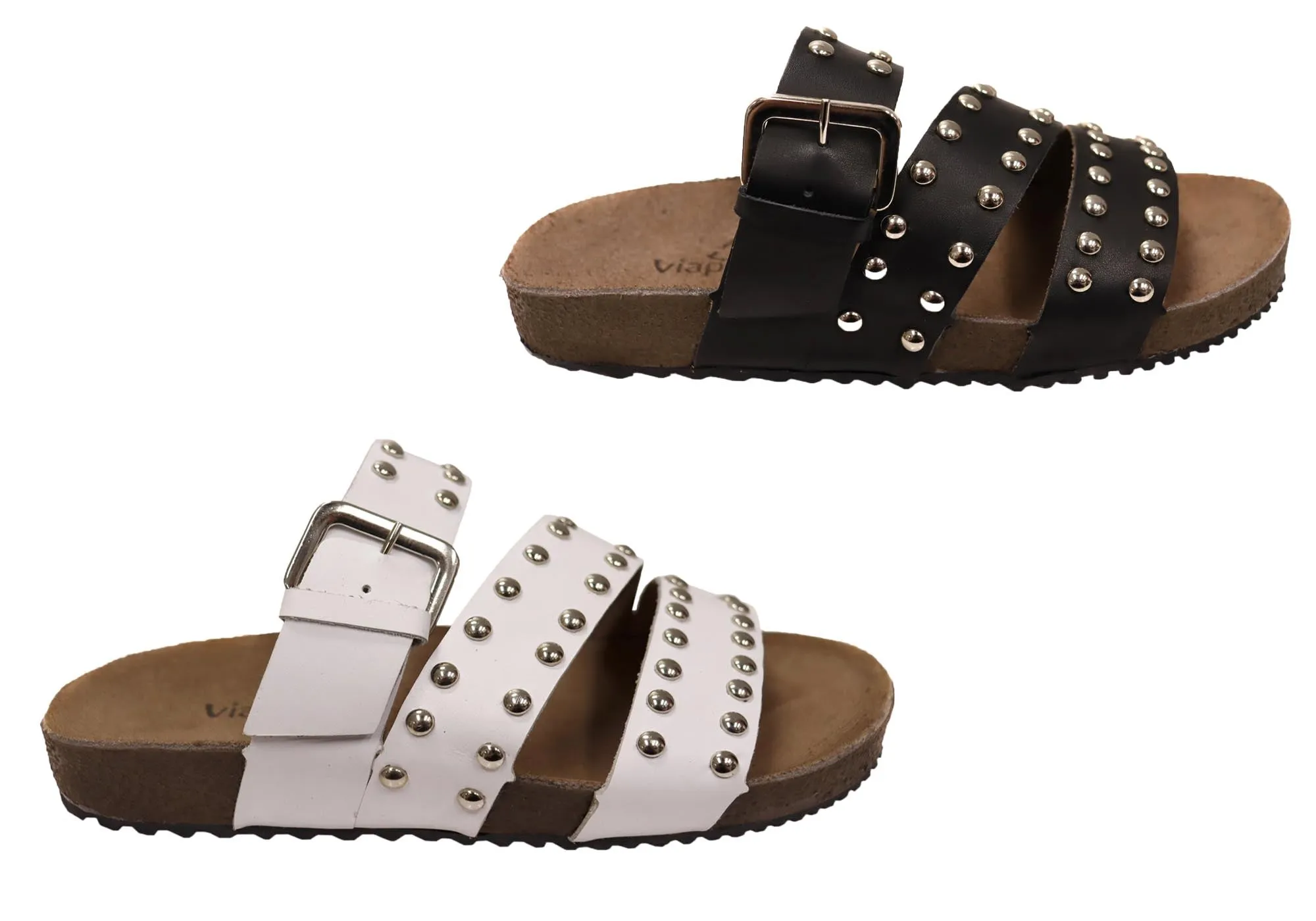 Via Paula Beth Womens Leather Comfort Slides Sandals Made in Brazil Via Paula Shoes
