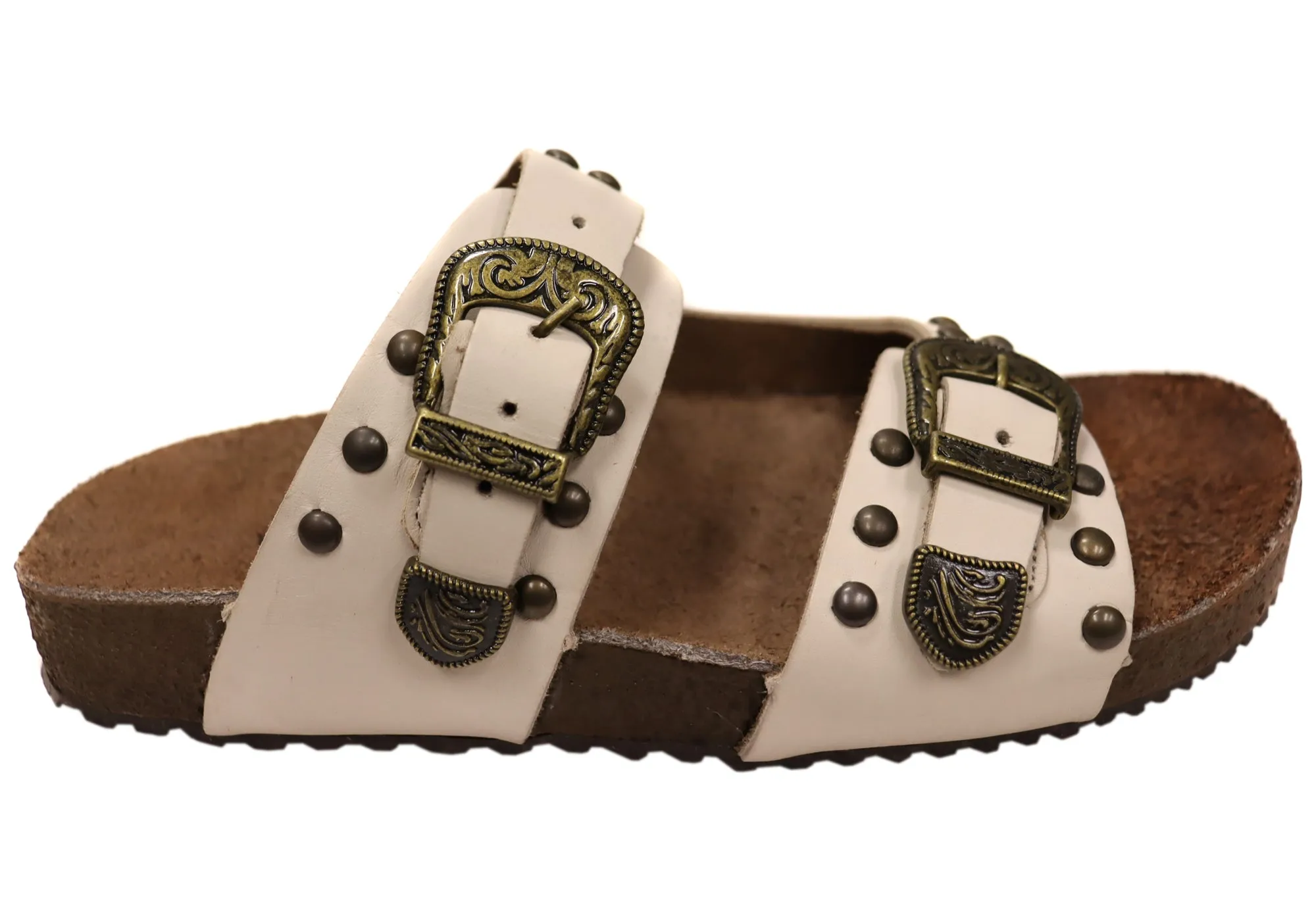 Via Paula Renee Womens Leather Comfort Slides Sandals Made in Brazil Via Paula Shoes