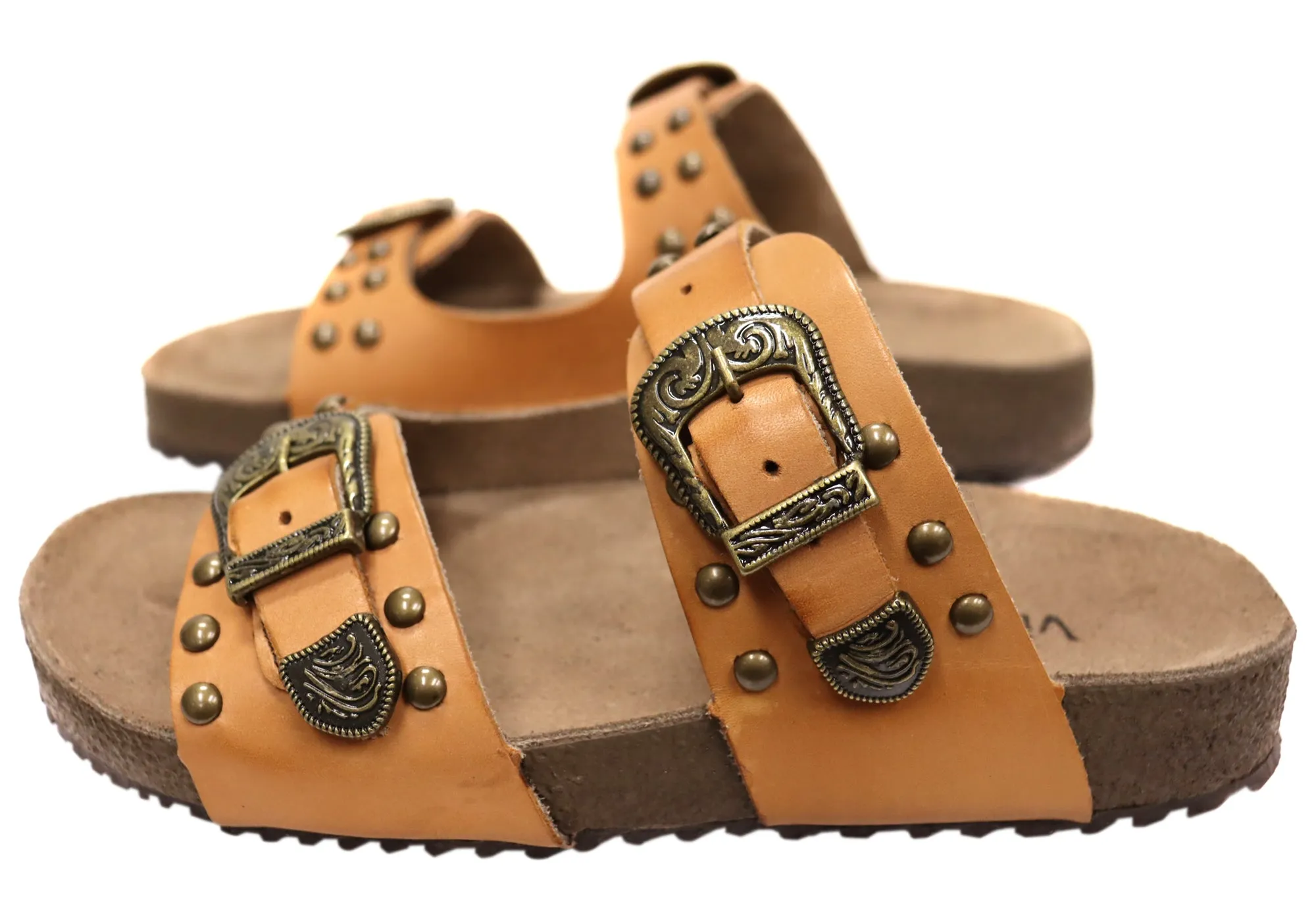 Via Paula Renee Womens Leather Comfort Slides Sandals Made in Brazil Via Paula Shoes