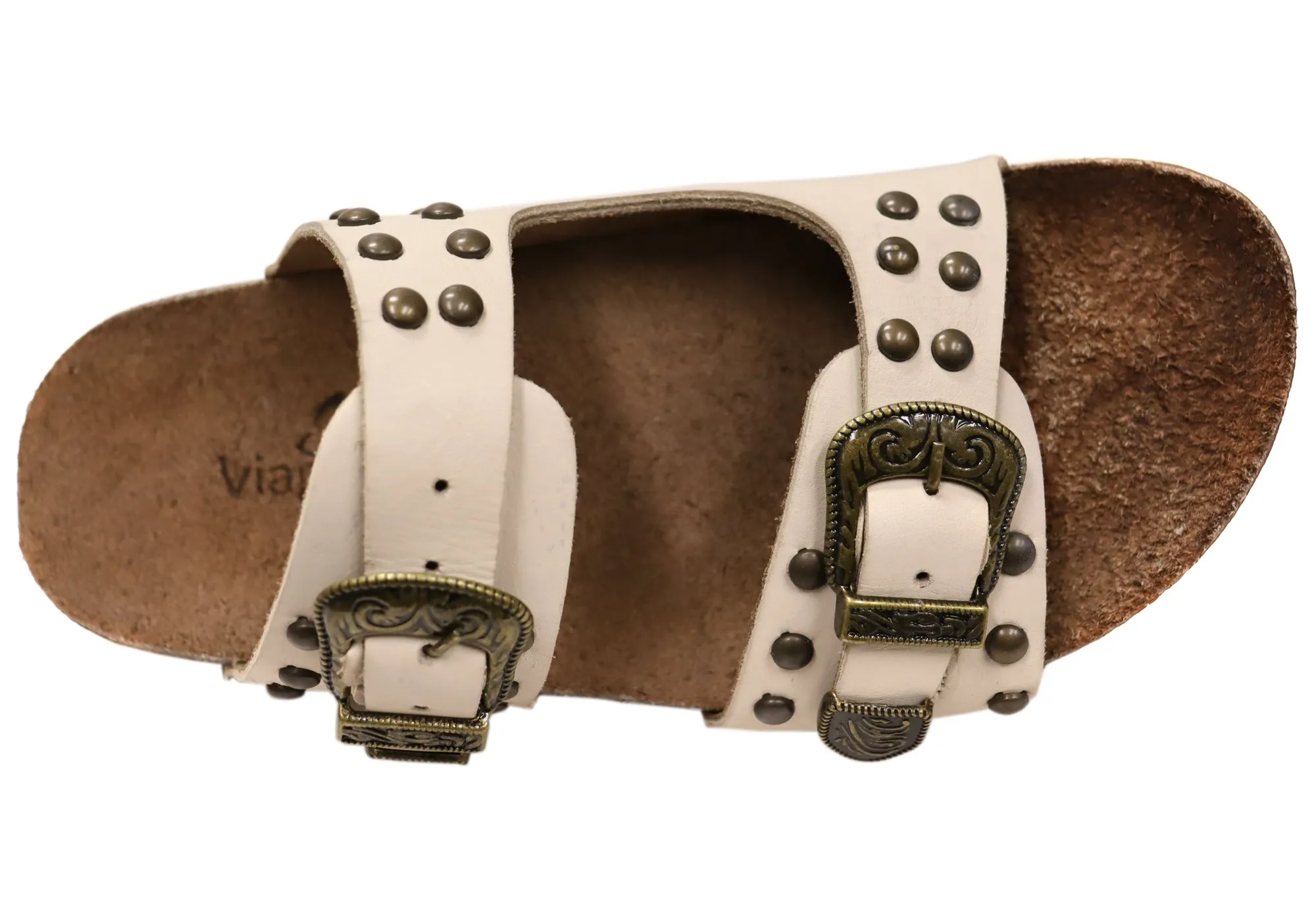 Via Paula Renee Womens Leather Comfort Slides Sandals Made in Brazil Via Paula Shoes