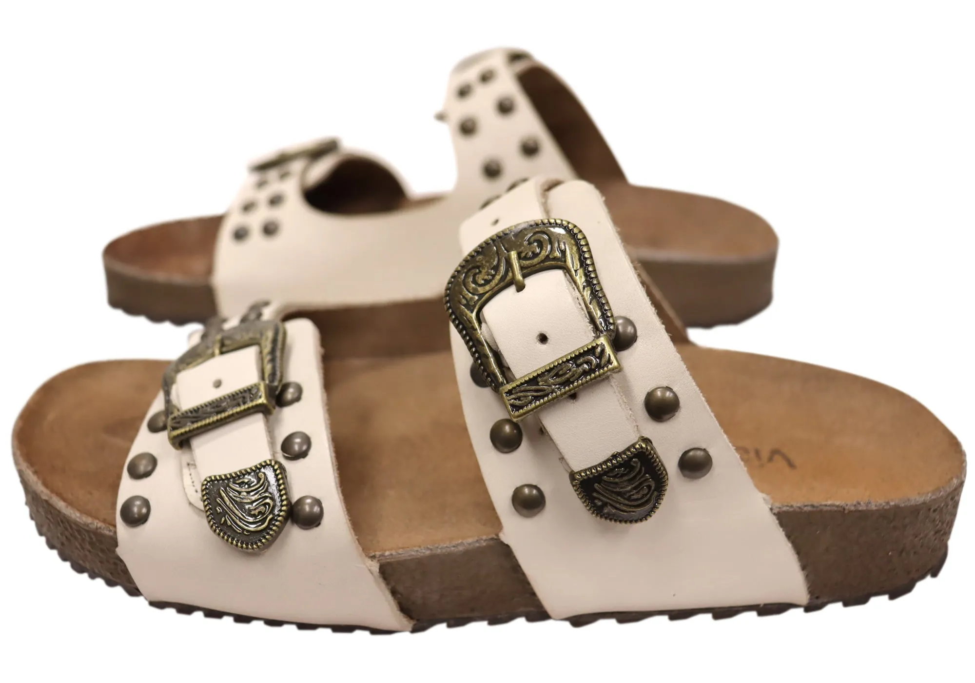 Via Paula Renee Womens Leather Comfort Slides Sandals Made in Brazil Via Paula Shoes