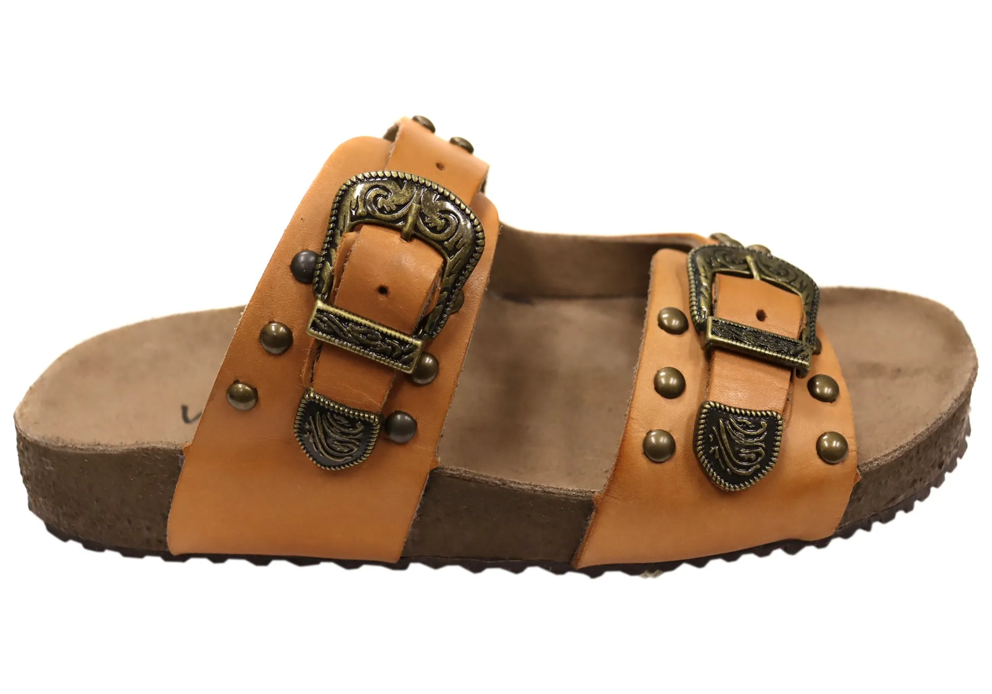 Via Paula Renee Womens Leather Comfort Slides Sandals Made in Brazil Via Paula Shoes
