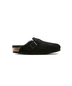 Womens Birkenstock Shoes Birkenstock Boston Suede Leather Shearling Black Clogs